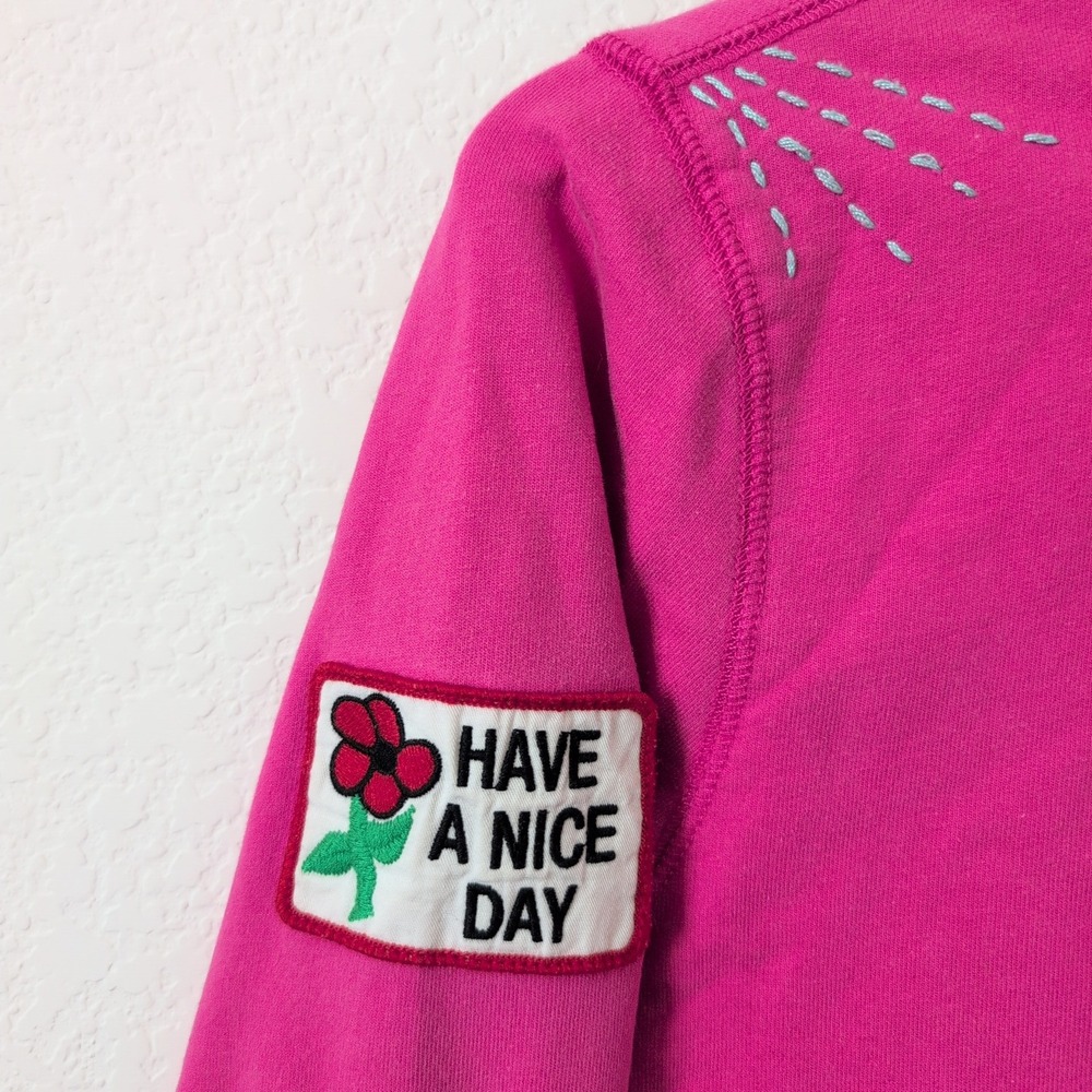 VTG Lucky Brand Pink Full‎ Zip Hoodie Peace Hand Embroidered Flower Boho Y2K  L - Picture 5 of 10
